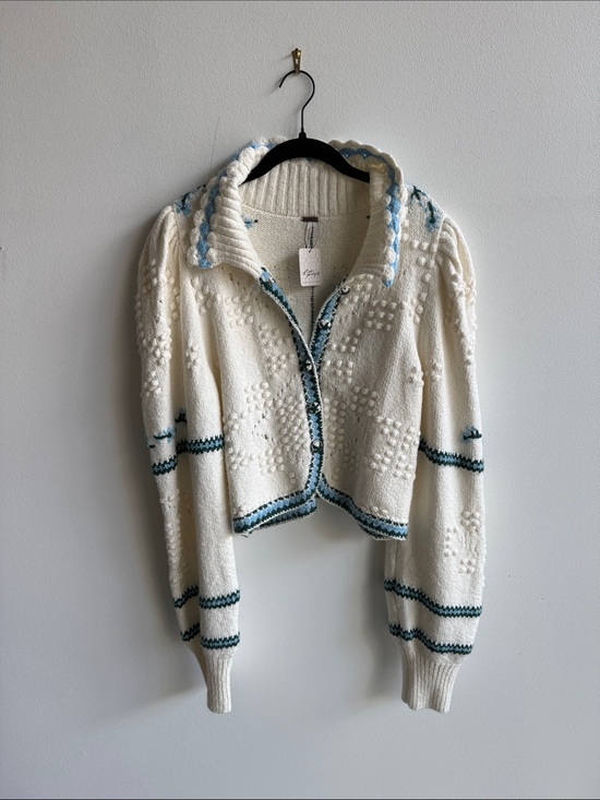 Free People Sweaters - Free People Cream Knit Cardigan with Blue Trim